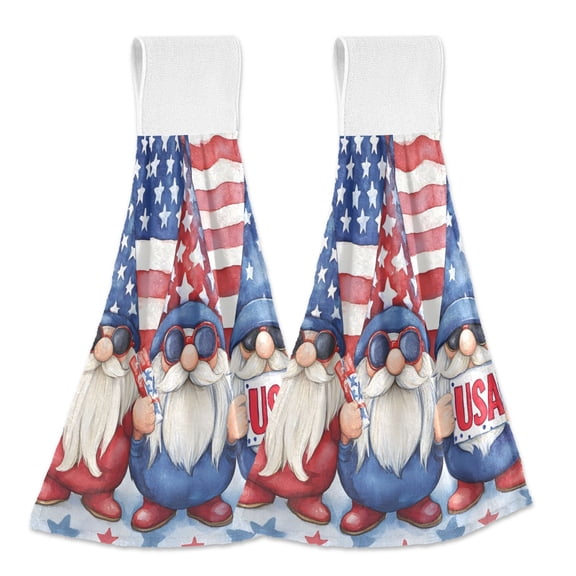 Haosy 2 Pack Kitchen Wash Cloths with Hanging Loops Absorbent Absorbent Quick Drying Hand Towels, Gnomes with Usa Flag