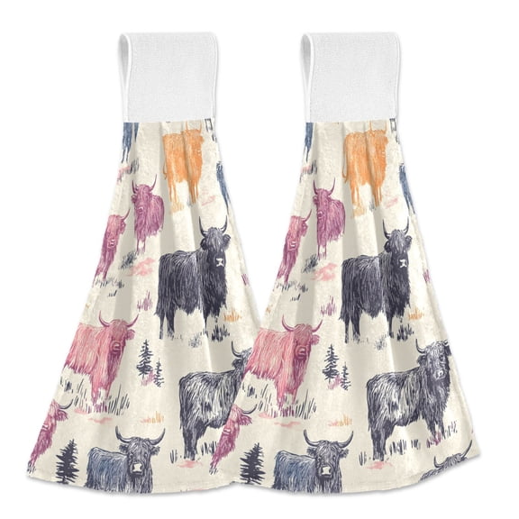 Haosy 2 Pack Kitchen Wash Cloths with Hanging Loops Absorbent Absorbent Quick Drying Hand Towels, Highland Cattle on Grass