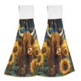 thumbnail image 1 of Haosy 2 Pack Kitchen Wash Cloths with Hanging Loops Absorbent Absorbent Quick Drying Hand Towels, Highland Cow in Sunflowers Field, 1 of 7