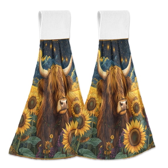 Haosy 2 Pack Kitchen Wash Cloths with Hanging Loops Absorbent Absorbent Quick Drying Hand Towels, Highland Cow in Sunflowers Field