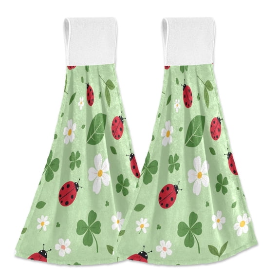 Haosy 2 Pack Kitchen Wash Cloths with Hanging Loops Absorbent Absorbent Quick Drying Hand Towels, Ladybird Clover Leaf Flower