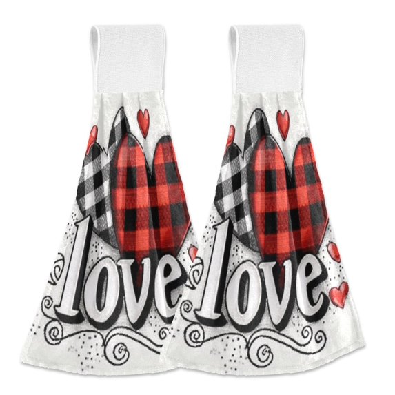 Haosy 2 Pack Kitchen Wash Cloths with Hanging Loops Absorbent Absorbent Quick Drying Hand Towels, Love Checkered Heart