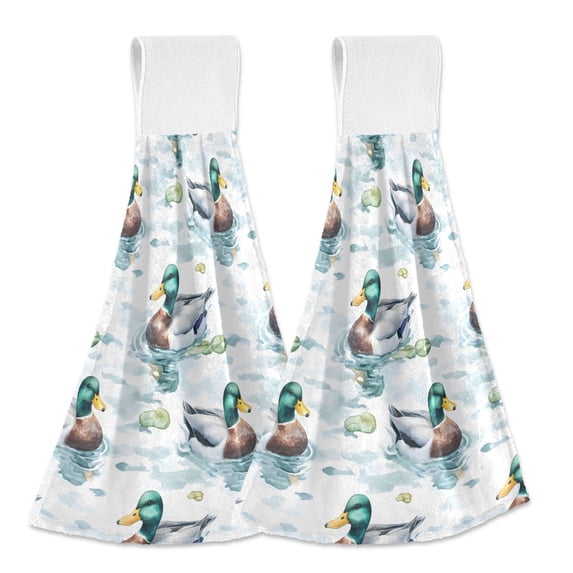 Haosy 2 Pack Kitchen Wash Cloths with Hanging Loops Absorbent Absorbent Quick Drying Hand Towels, Mallard Ducks on Water
