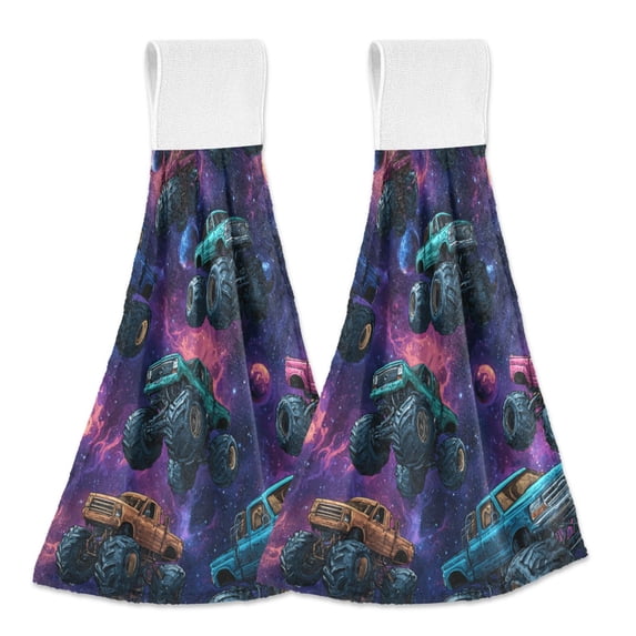 Haosy 2 Pack Kitchen Wash Cloths with Hanging Loops Absorbent Absorbent Quick Drying Hand Towels, Monster Trucks in Space