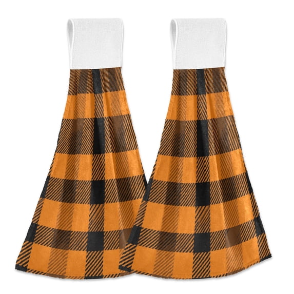 Haosy 2 Pack Kitchen Wash Cloths with Hanging Loops Absorbent Absorbent Quick Drying Hand Towels, Orange Scottish Tartan