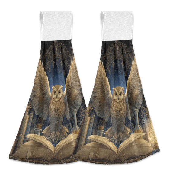 Haosy 2 Pack Kitchen Wash Cloths with Hanging Loops Absorbent Absorbent Quick Drying Hand Towels, Owl Perched on Book