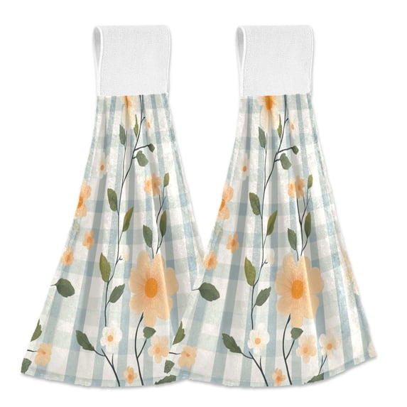 Haosy 2 Pack Kitchen Wash Cloths with Hanging Loops Absorbent Absorbent Quick Drying Hand Towels, Peach Floral with Gingham