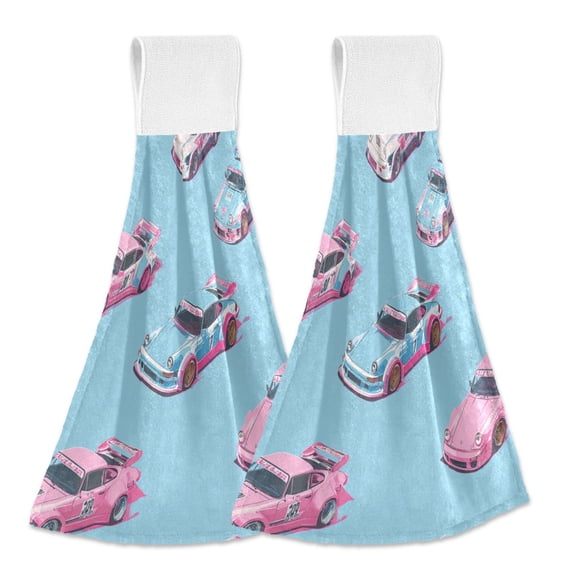 Haosy 2 Pack Kitchen Wash Cloths with Hanging Loops Absorbent Absorbent Quick Drying Hand Towels, Pink Blue Race Cars