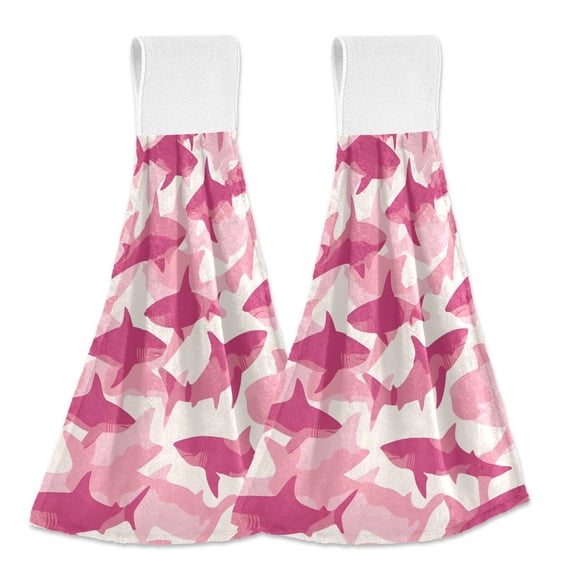Haosy 2 Pack Kitchen Wash Cloths with Hanging Loops Absorbent Absorbent Quick Drying Hand Towels, Pink Shark Silhouette