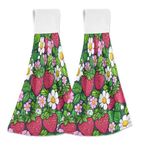 Haosy 2 Pack Kitchen Wash Cloths with Hanging Loops Absorbent Absorbent Quick Drying Hand Towels, Pink White Leaves and Strawberries