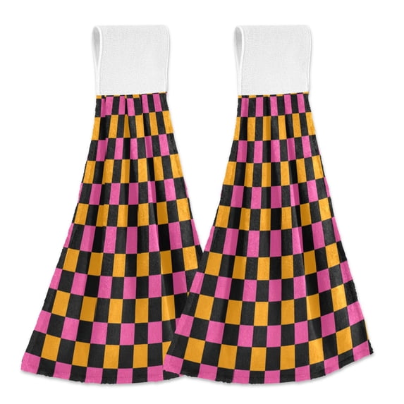 Haosy 2 Pack Kitchen Wash Cloths with Hanging Loops Absorbent Absorbent Quick Drying Hand Towels, Pink and Orange Checkered