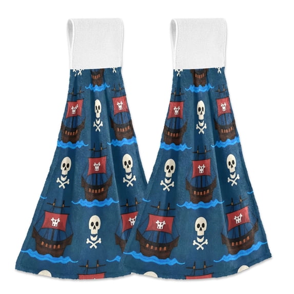 Haosy 2 Pack Kitchen Wash Cloths with Hanging Loops Absorbent Absorbent Quick Drying Hand Towels, Pirate Ship and Skull
