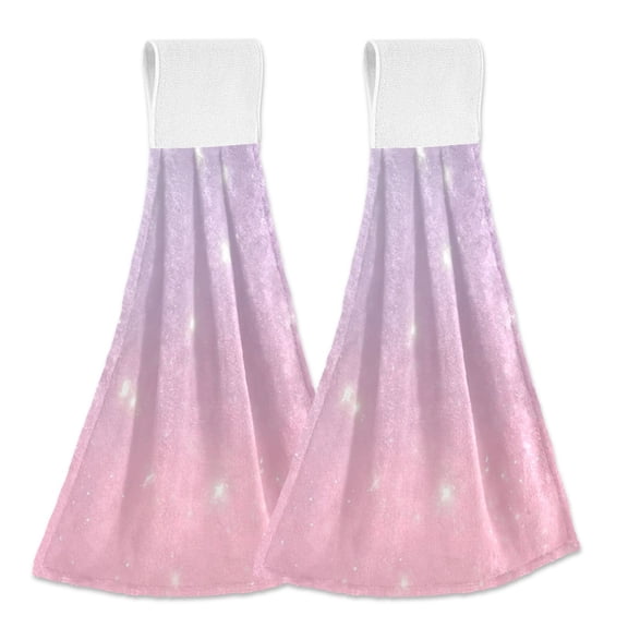 Haosy 2 Pack Kitchen Wash Cloths with Hanging Loops Absorbent Absorbent Quick Drying Hand Towels, Purple Pink Star Sky