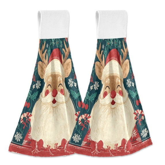 Haosy 2 Pack Kitchen Wash Cloths with Hanging Loops Absorbent Absorbent Quick Drying Hand Towels, Reindeer Dressed As Santa Claus