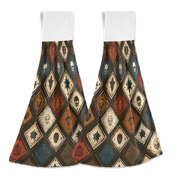 Haosy 2 Pack Kitchen Wash Cloths with Hanging Loops Absorbent Absorbent Quick Drying Hand Towels, Skull Star Card