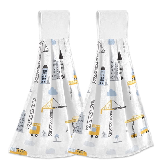 Haosy 2 Pack Kitchen Wash Cloths with Hanging Loops Absorbent Absorbent Quick Drying Hand Towels, Skyscraper Truck Crane