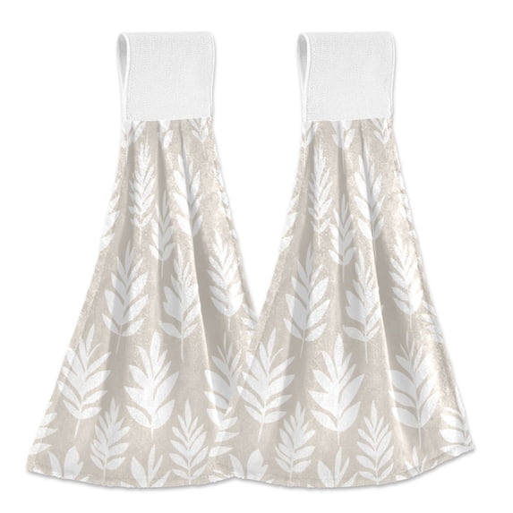 Haosy 2 Pack Kitchen Wash Cloths with Hanging Loops Absorbent Absorbent Quick Drying Hand Towels, White Bohemian Leaves