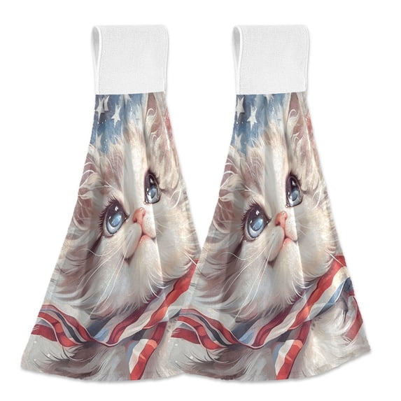 Haosy 2 Pack Kitchen Wash Cloths with Hanging Loops Absorbent Absorbent Quick Drying Hand Towels, White Cat with American Flag
