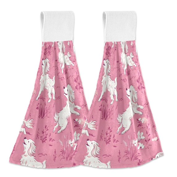 Haosy 2 Pack Kitchen Wash Cloths with Hanging Loops Absorbent Absorbent Quick Drying Hand Towels, White Dogs on Pink Grass