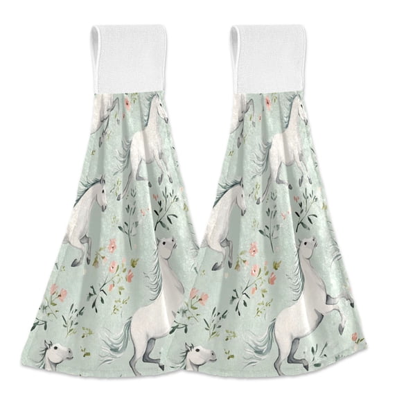 Haosy 2 Pack Kitchen Wash Cloths with Hanging Loops Absorbent Absorbent Quick Drying Hand Towels, White Horses and Flower