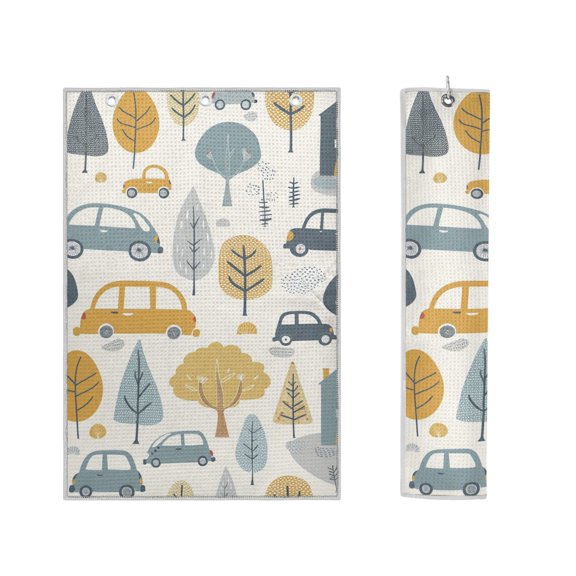 Haosy 2 Pack Magnetic Golf Towel Absorbent Microfiber Waffle Pattern Carabiner Clip Golf Towel 16" x 24", Cars Tree Building