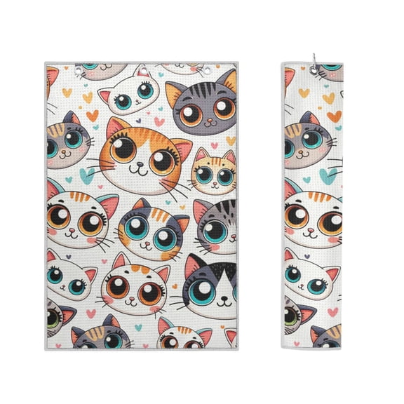 Haosy 2 Pack Magnetic Golf Towel Absorbent Microfiber Waffle Pattern Carabiner Clip Golf Towel 16" x 24", Cartoon Cat Face with Big Eye