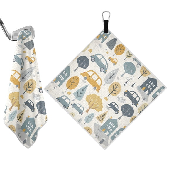 Haosy 2 Pack Magnetic Golf Towel Absorbent Microfiber Waffle Pattern Carabiner Clip Golf Towel 18" x 18", Cars Tree Building