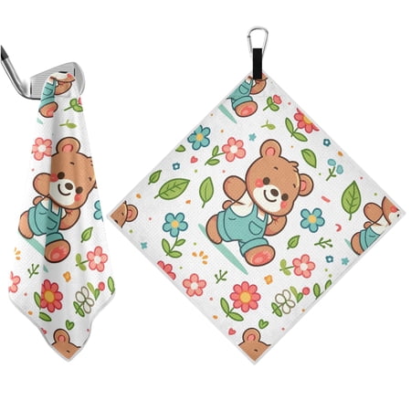 Haosy 2 Pack Magnetic Golf Towel Absorbent Microfiber Waffle Pattern Carabiner Clip Golf Towel 18" x 18", Cartoon Bear with Flower and Leaf