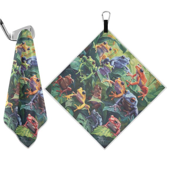 Haosy 2 Pack Magnetic Golf Towel Absorbent Microfiber Waffle Pattern Carabiner Clip Golf Towel 18" x 18", Colorful Frogs on Leaves