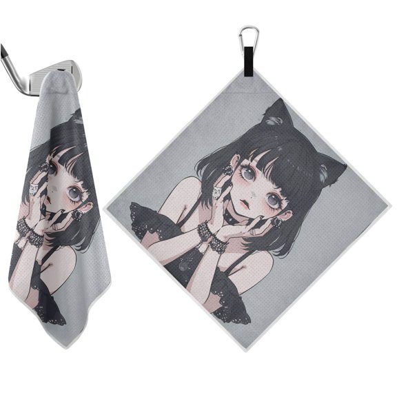 Haosy 2 Pack Magnetic Golf Towel Absorbent Microfiber Waffle Pattern Carabiner Clip Golf Towel 18" x 18", Cool Girl with Cat Ear