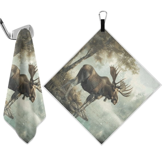 Haosy 2 Pack Magnetic Golf Towel Absorbent Microfiber Waffle Pattern Carabiner Clip Golf Towel 18" x 18", Moose on Misty Lake