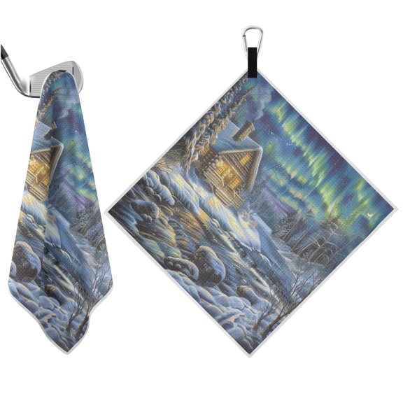 Haosy 2 Pack Magnetic Golf Towel Absorbent Microfiber Waffle Pattern Carabiner Clip Golf Towel 18" x 18", Snow Room and Aurora