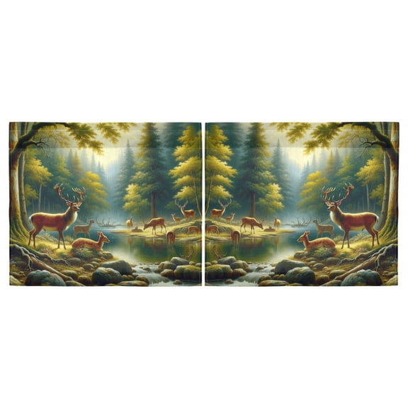 Haosy 2 Panels Rod Pocket Tier Curtains 27 x 24 Light Filtering Privacy Semi Sheer for Kitchen Bathroom, Deer in Forest by Water