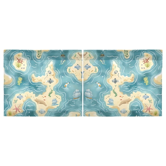 Haosy 2 Panels Rod Pocket Tier Curtains 27 x 24 Light Filtering Privacy Semi Sheer for Kitchen Bathroom, Sea Islands Fish Seaweed