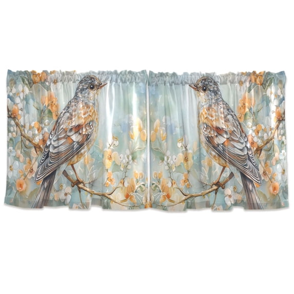 Haosy 2 Panels Rod Pocket Tier Curtains 57 x 24 Light Filtering Privacy Semi Sheer for Kitchen Bathroom, Watercolor Bird Flower