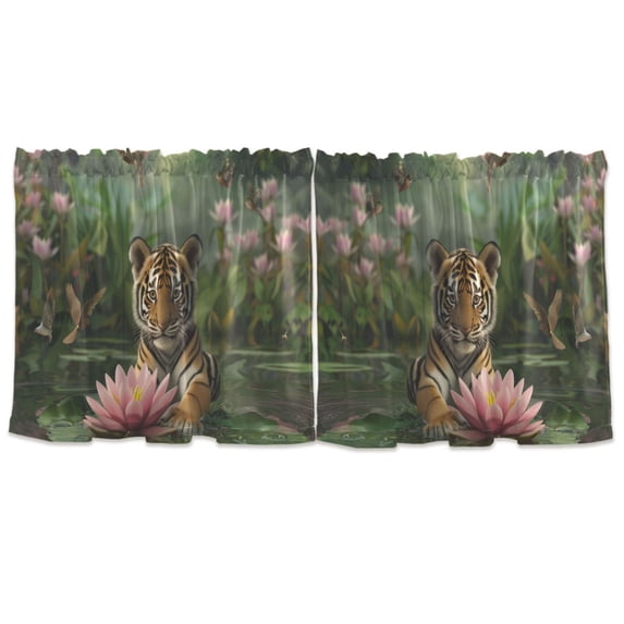 Haosy 2 Panels Rod Pocket Tier Curtains 57 x 36 Light Filtering Privacy Semi Sheer for Kitchen Bathroom, Baby Tiger Sits on Leaf