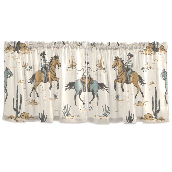 Haosy 2 Panels Rod Pocket Tier Curtains 57 x 36 Light Filtering Privacy Semi Sheer for Kitchen Bathroom, Cactus Cowboy Horse