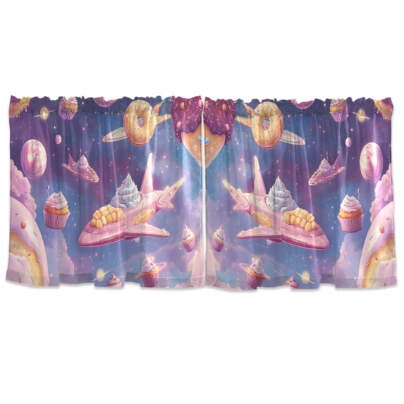Haosy 2 Panels Rod Pocket Tier Curtains 57 x 36 Light Filtering Privacy Semi Sheer for Kitchen Bathroom, Dessert Planet Spaceship