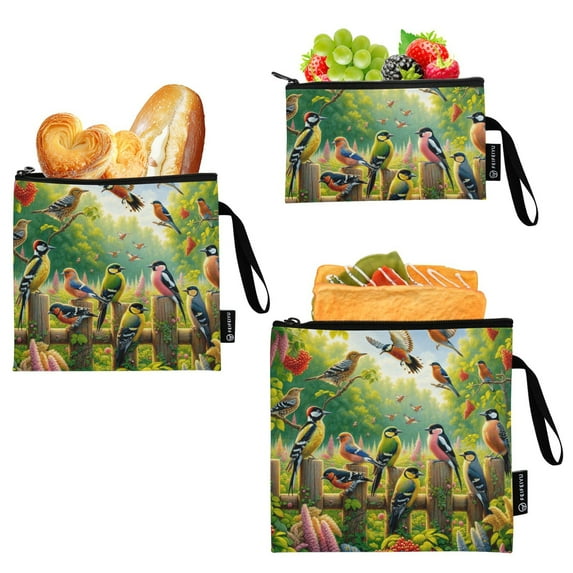 Haosy 3 Pack Reusable Ziploc Bags BPA Free Healthy Food Storage Bag Leakproof Sandwich Snack Freezer Bags Birds Play in Forest