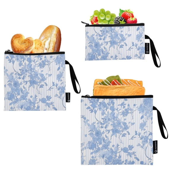Haosy 3 Pack Reusable Ziploc Bags BPA Free Healthy Food Storage Bag Leakproof Sandwich Snack Freezer Bags Blue White Stripes and Blue Flowers