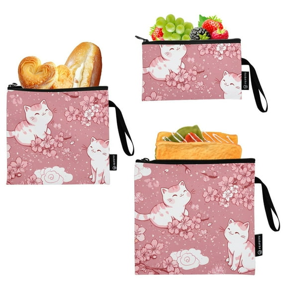 Haosy 3 Pack Reusable Ziploc Bags BPA Free Healthy Food Storage Bag Leakproof Sandwich Snack Freezer Bags Cherry Blossoms and Cute Cats