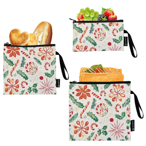 Haosy 3 Pack Reusable Ziploc Bags BPA Free Healthy Food Storage Bag Leakproof Sandwich Snack Freezer Bags Christmas Candy Canes Holly Leaves