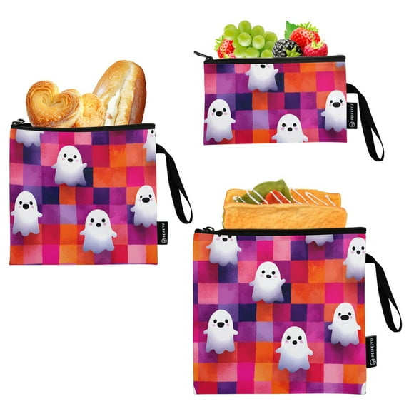 Haosy 3 Pack Reusable Ziploc Bags BPA Free Healthy Food Storage Bag Leakproof Sandwich Snack Freezer Bags Cute Ghost on Checkered