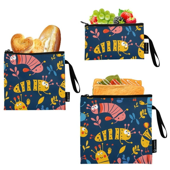 Haosy 3 Pack Reusable Ziploc Bags BPA Free Healthy Food Storage Bag Leakproof Sandwich Snack Freezer Bags Cute Hand Drawn Bug