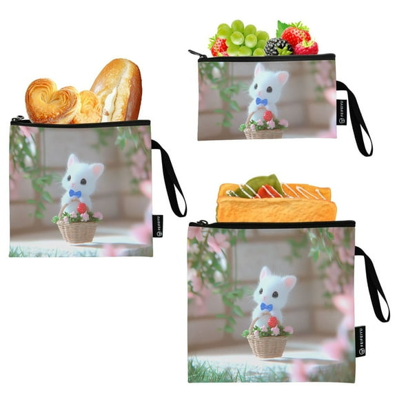 Haosy 3 Pack Reusable Ziploc Bags BPA Free Healthy Food Storage Bag Leakproof Sandwich Snack Freezer Bags Cute Kitten in Flower Basket