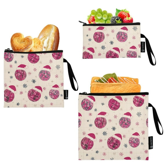 Haosy 3 Pack Reusable Ziploc Bags BPA Free Healthy Food Storage Bag Leakproof Sandwich Snack Freezer Bags Disco Balls Wear Santa Hats