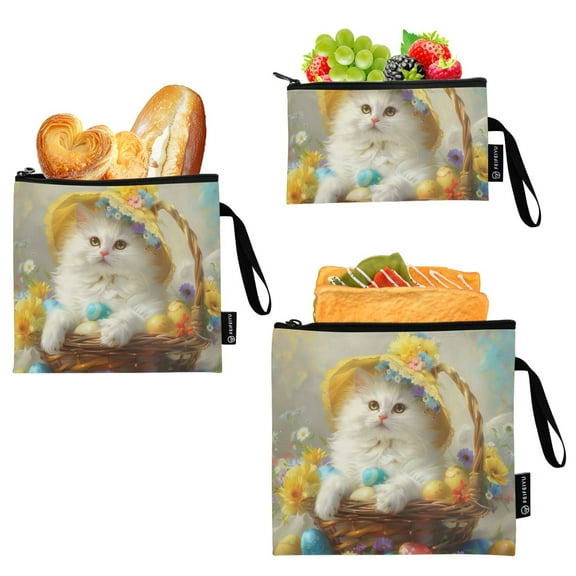Haosy 3 Pack Reusable Ziploc Bags BPA Free Healthy Food Storage Bag Leakproof Sandwich Snack Freezer Bags Easter Egg with Cat