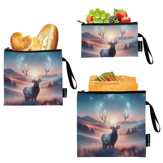 Haosy 3 Pack Reusable Ziploc Bags BPA Free Healthy Food Storage Bag Leakproof Sandwich Snack Freezer Bags Elk under Night Sky