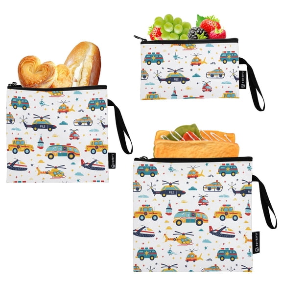 Haosy 3 Pack Reusable Ziploc Bags BPA Free Healthy Food Storage Bag Leakproof Sandwich Snack Freezer Bags Hand Drawn Car Helicopter