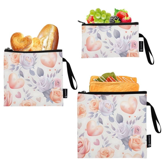 Haosy 3 Pack Reusable Ziploc Bags BPA Free Healthy Food Storage Bag Leakproof Sandwich Snack Freezer Bags Hearts and Roses